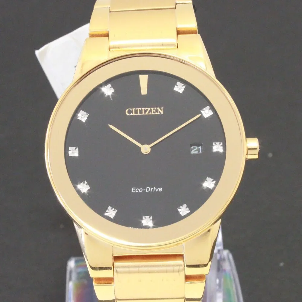 Citizen Axiom Eco Drive Men's Watch Diamond Indices Gold Tone Black Dial 40mm